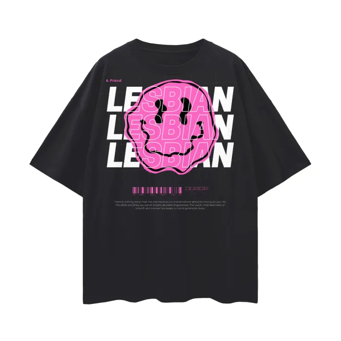 Lesbian Pride T-Shirt Streetwear Style Black Pink Smiley on Black Oversize Deep Drop Shoulder Tee - 190 GSM