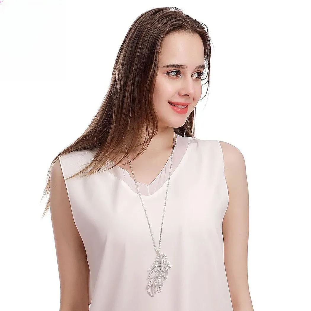 Long Chains Necklace with Silver Color Suspension Hollow Leaves Costume Goth Jewelry for Women