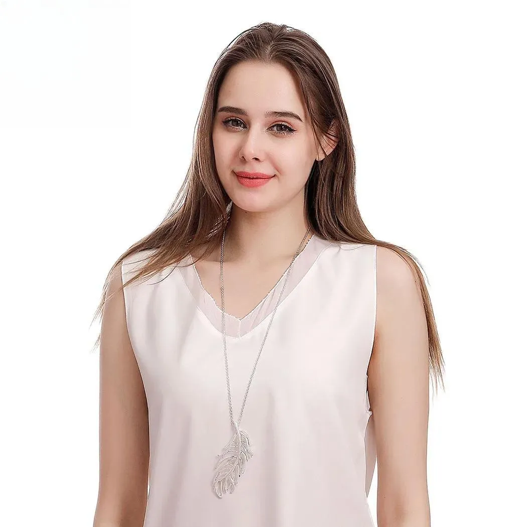 Long Chains Necklace with Silver Color Suspension Hollow Leaves Costume Goth Jewelry for Women