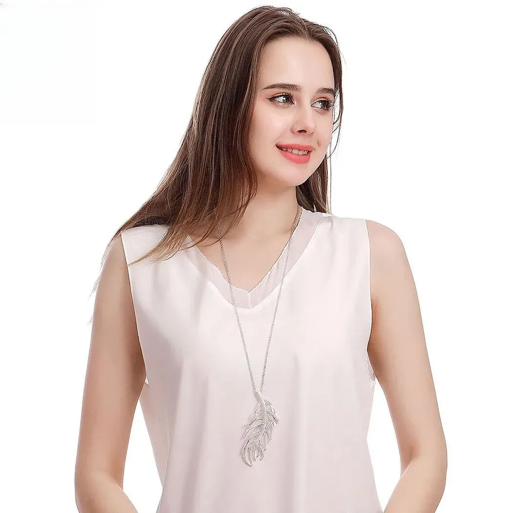 Long Chains Necklace with Silver Color Suspension Hollow Leaves Costume Goth Jewelry for Women
