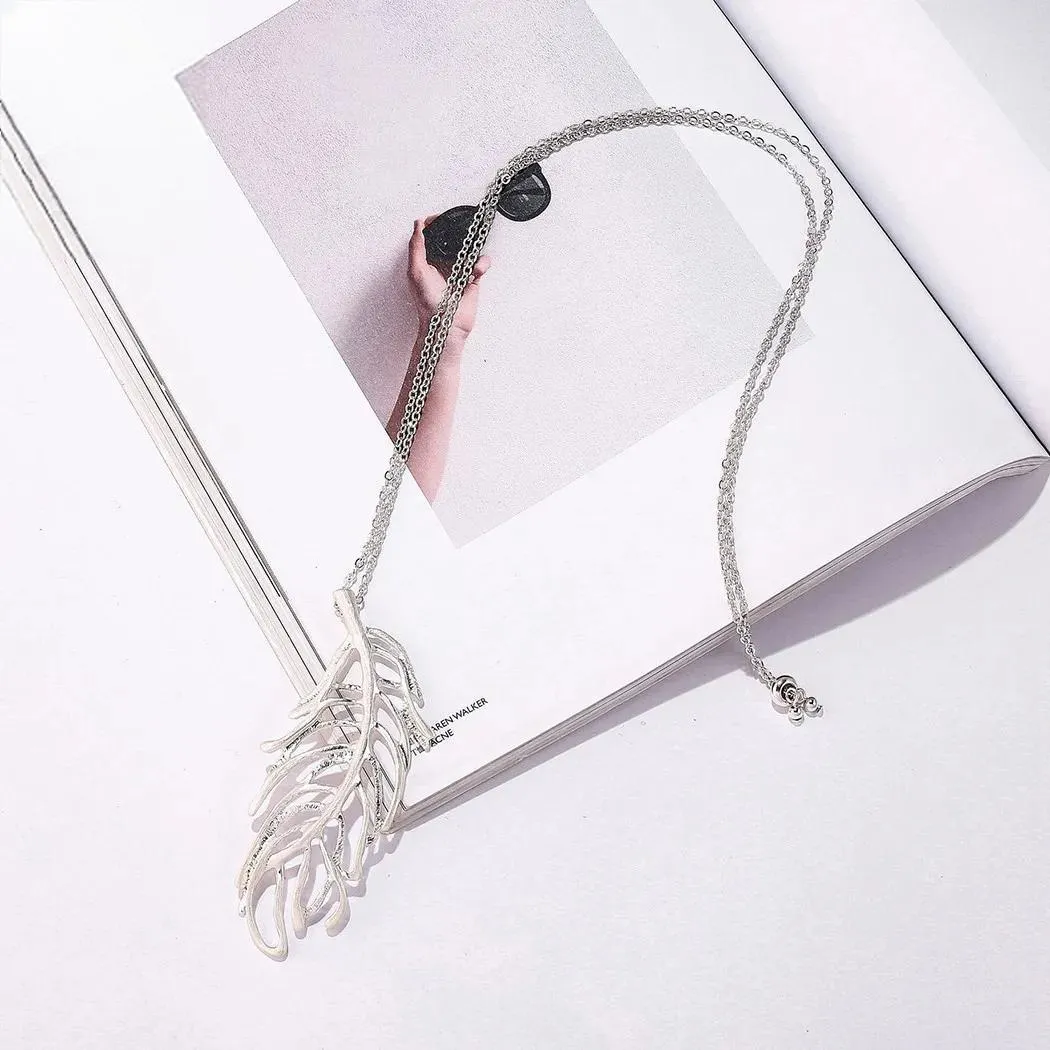 Long Chains Necklace with Silver Color Suspension Hollow Leaves Costume Goth Jewelry for Women