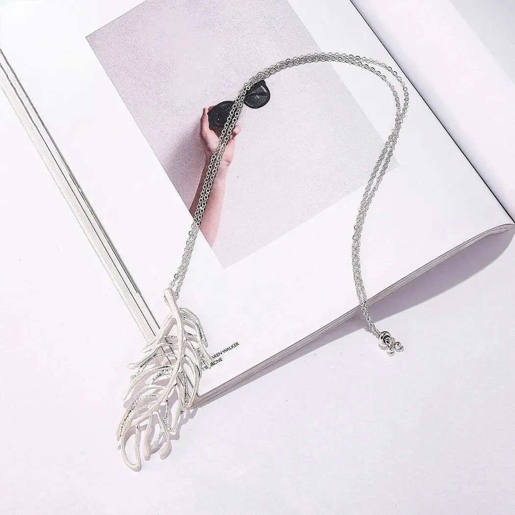 Long Chains Necklace with Silver Color Suspension Hollow Leaves Costume Goth Jewelry for Women