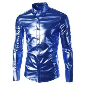Long Sleeve Metallic Button Up Shirt - Sapphire Blue L