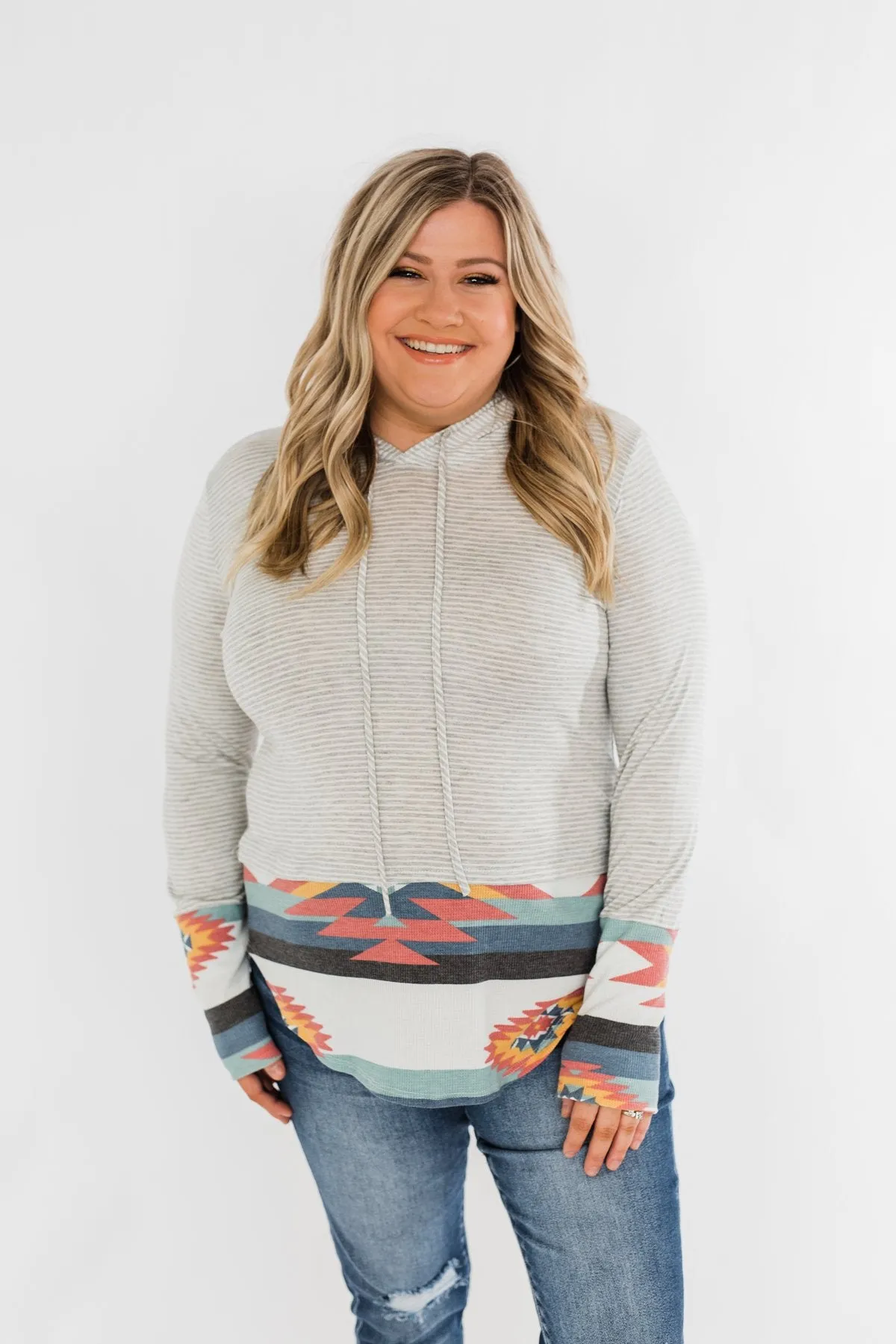Make My Life Complete Stripes & Aztec Hoodie- Heather Grey