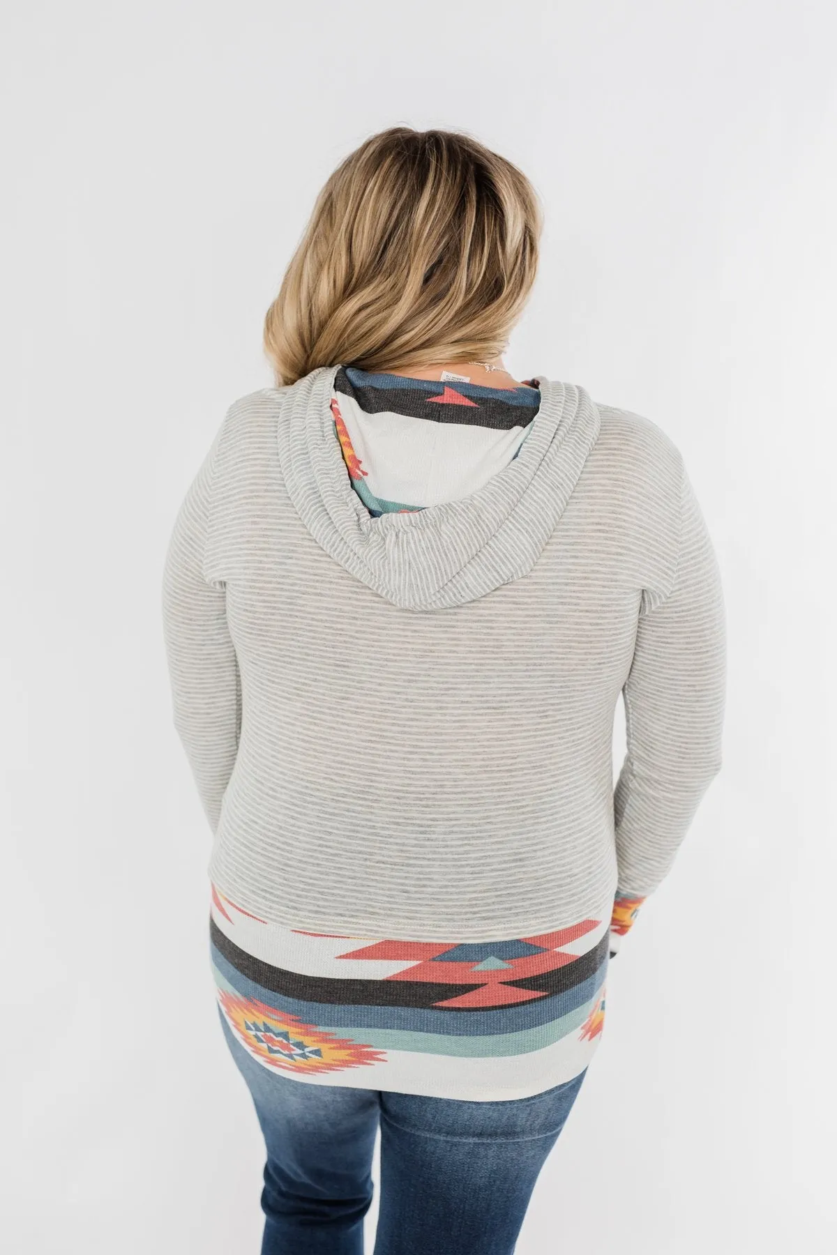 Make My Life Complete Stripes & Aztec Hoodie- Heather Grey