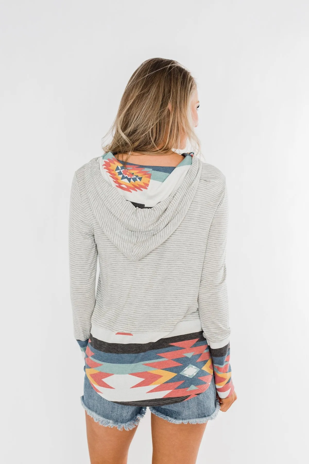 Make My Life Complete Stripes & Aztec Hoodie- Heather Grey