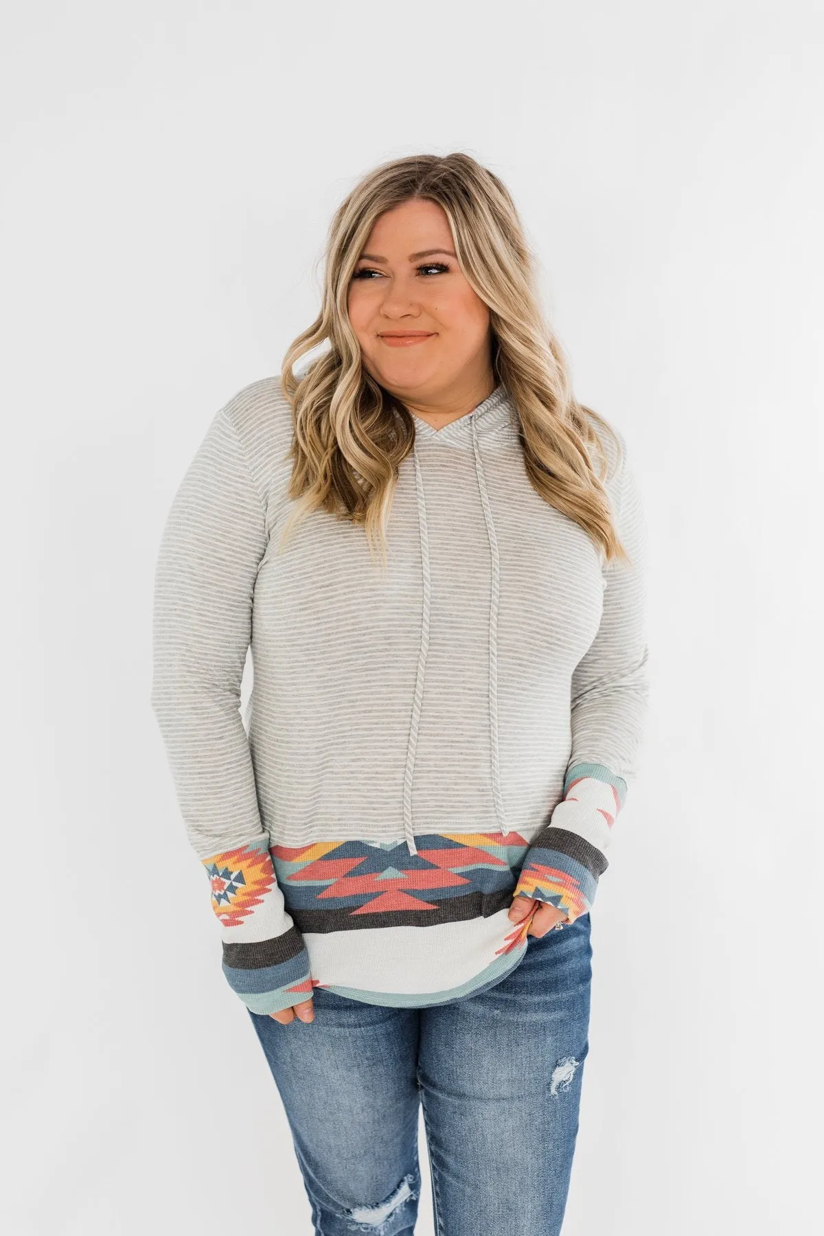 Make My Life Complete Stripes & Aztec Hoodie- Heather Grey
