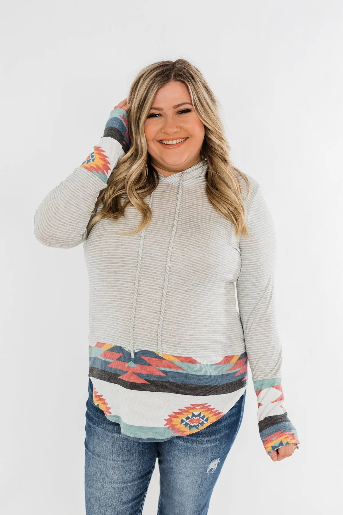 Make My Life Complete Stripes & Aztec Hoodie- Heather Grey
