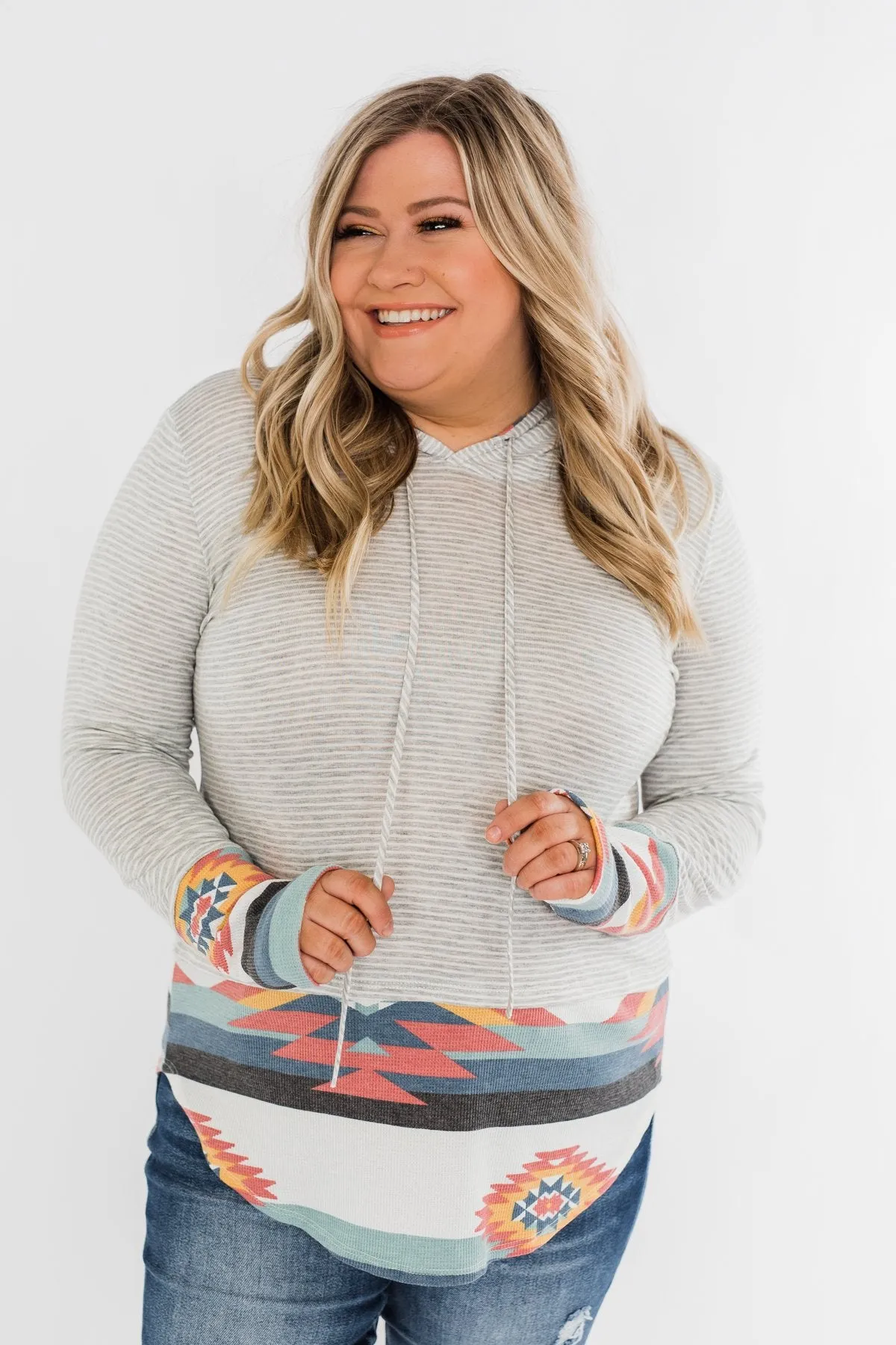 Make My Life Complete Stripes & Aztec Hoodie- Heather Grey