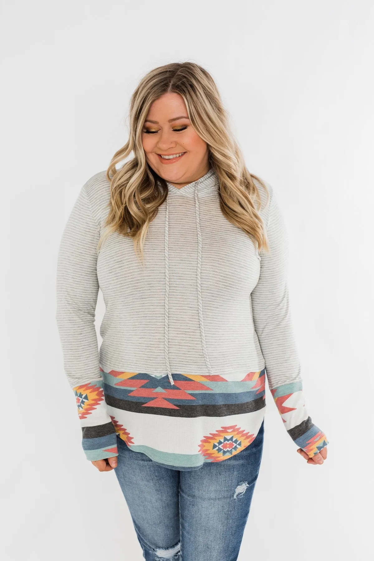 Make My Life Complete Stripes & Aztec Hoodie- Heather Grey