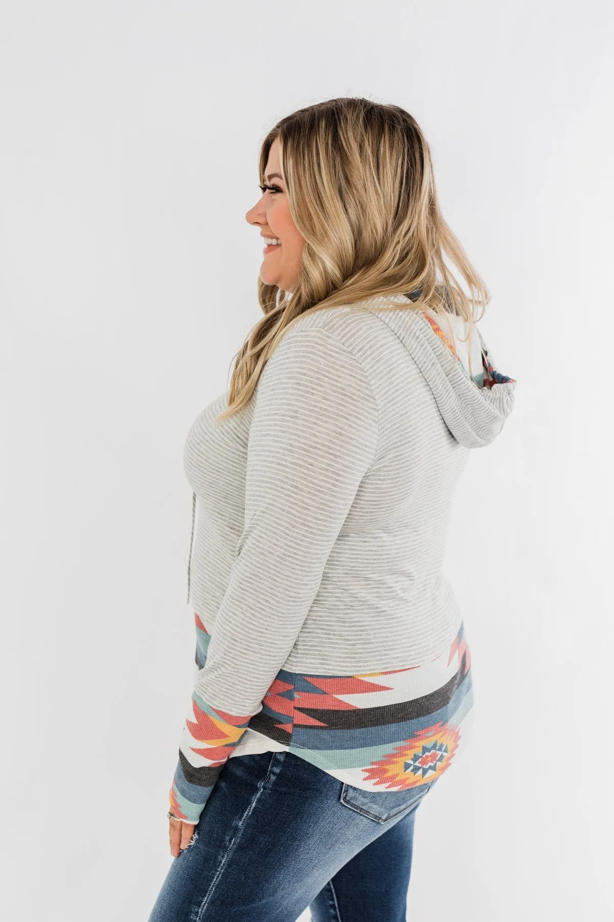 Make My Life Complete Stripes & Aztec Hoodie- Heather Grey