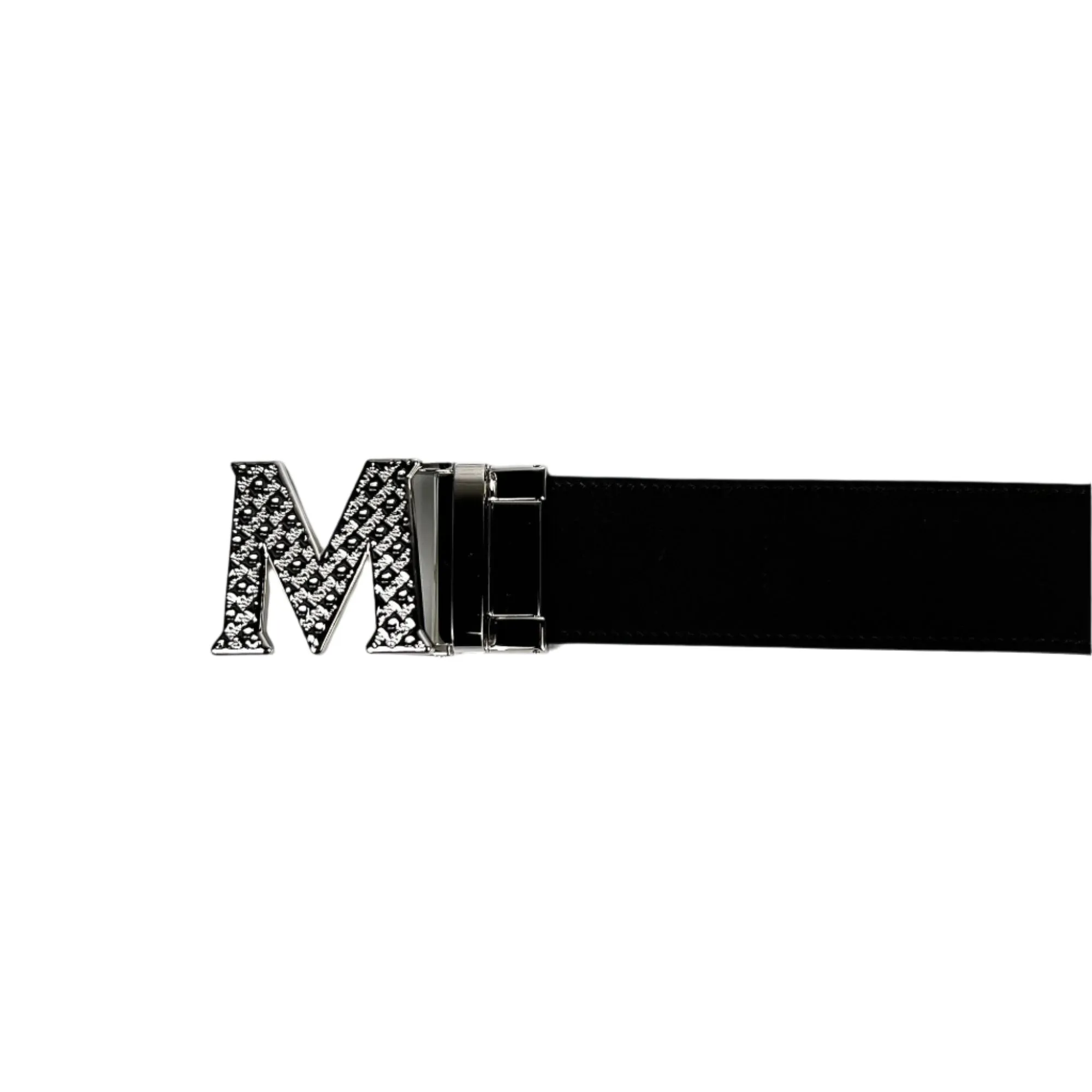 MCM Mens Claus Silver Textured M Buckle Black Leather Reversible Belt