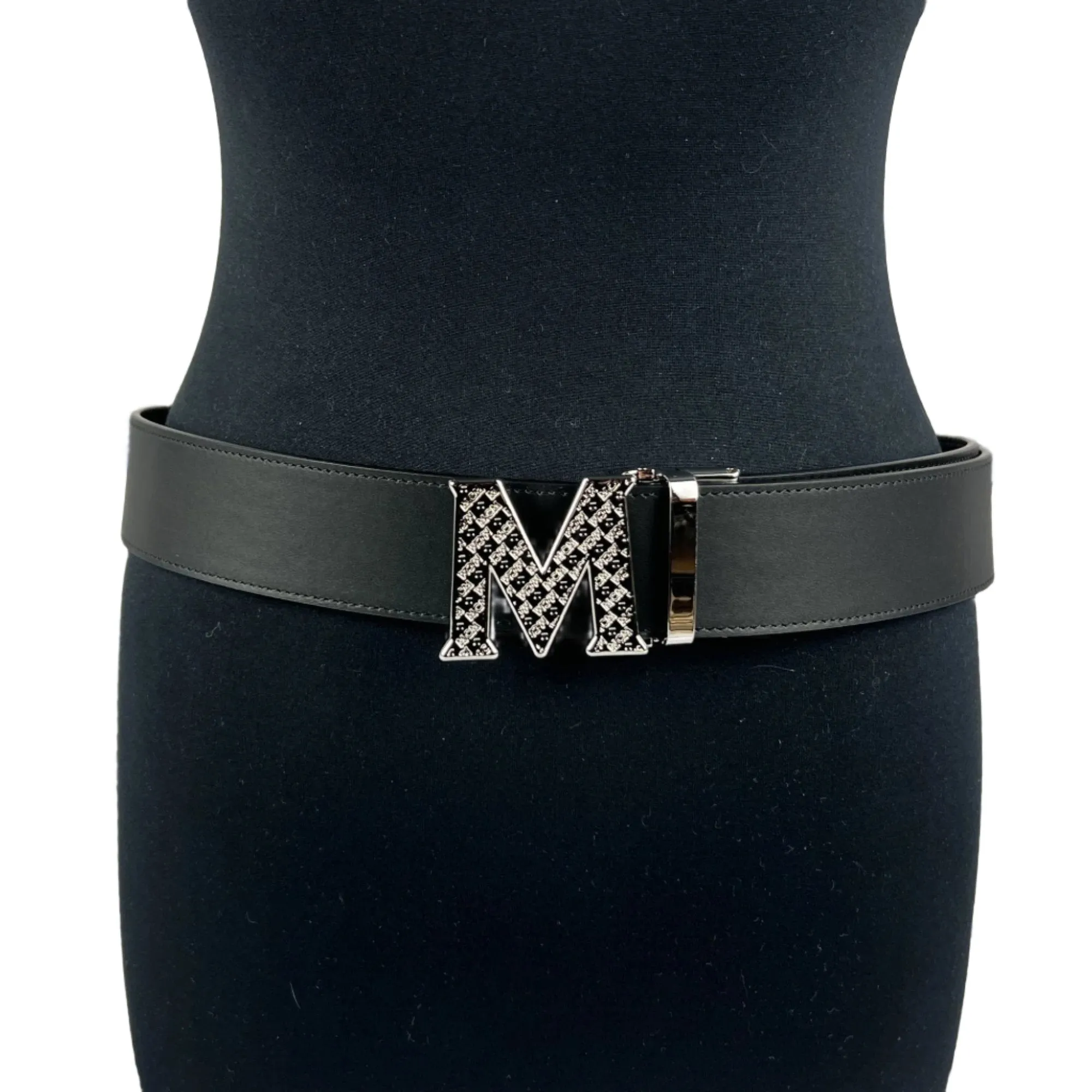 MCM Mens Claus Silver Textured M Buckle Black Leather Reversible Belt