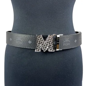 MCM Mens Claus Silver Textured M Buckle Black Leather Reversible Belt