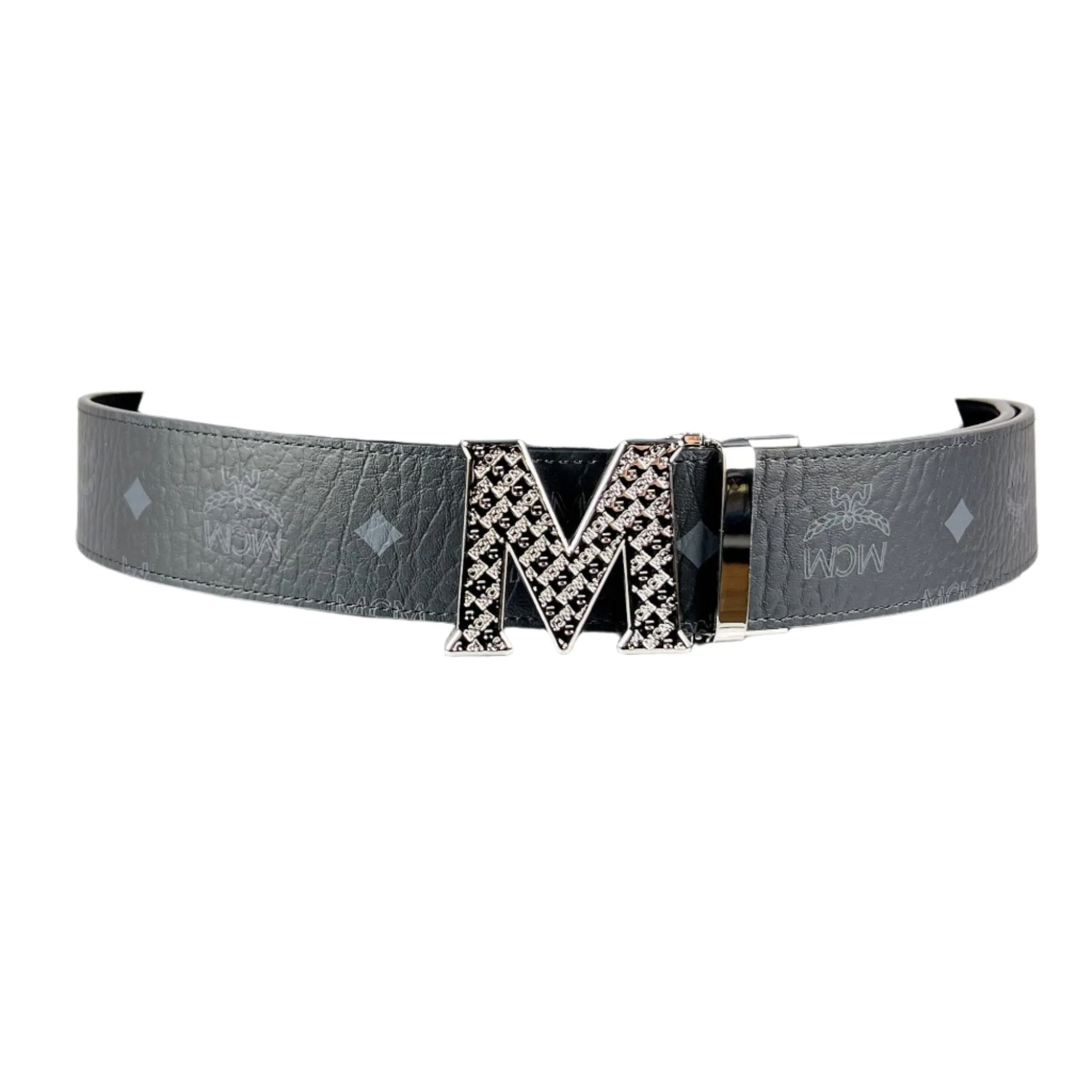 MCM Mens Claus Silver Textured M Buckle Black Leather Reversible Belt