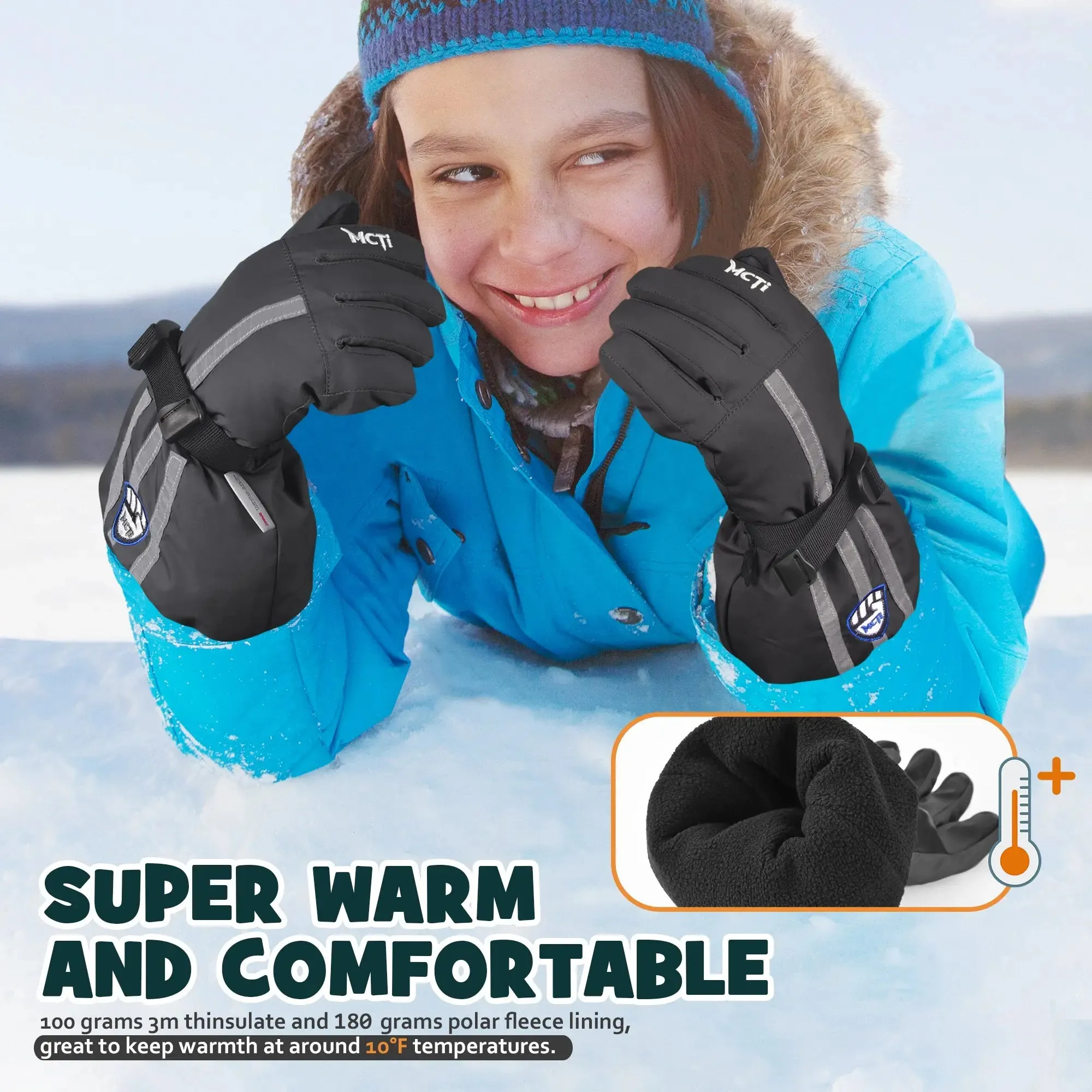MCTi Kids Waterproof Ski Gloves With Polar Fleece - Easy On & Off (3-12 Years)