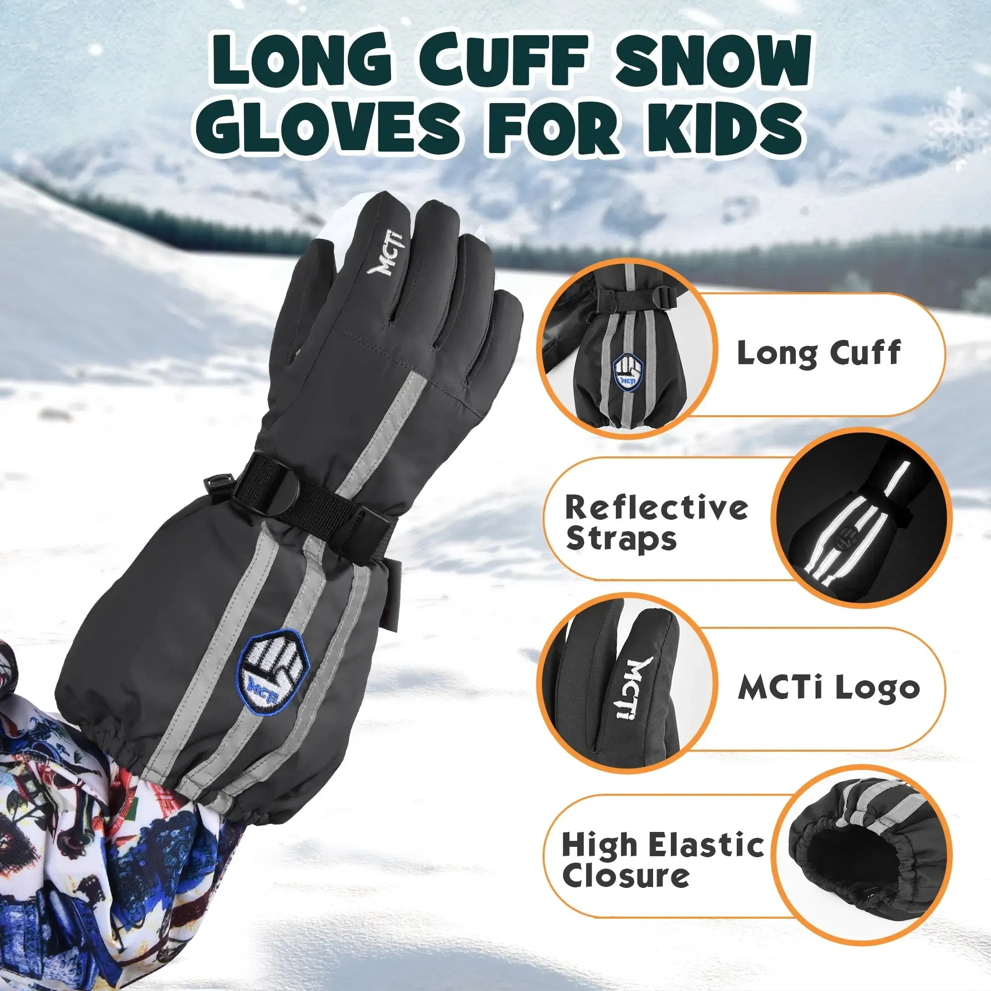 MCTi Kids Waterproof Ski Gloves With Polar Fleece - Easy On & Off (3-12 Years)