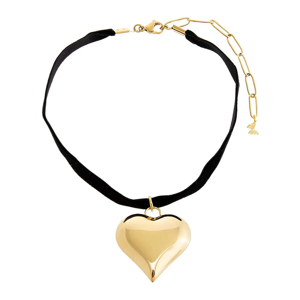 Medium Puffy Heart Necklace Black Velvet Choker