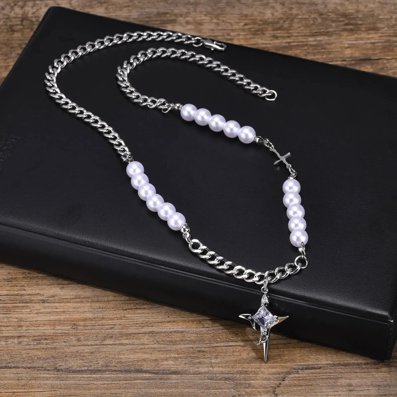 Men Stylish Black Stone Choker Necklaces,Chic Double Layers Chain Collar
