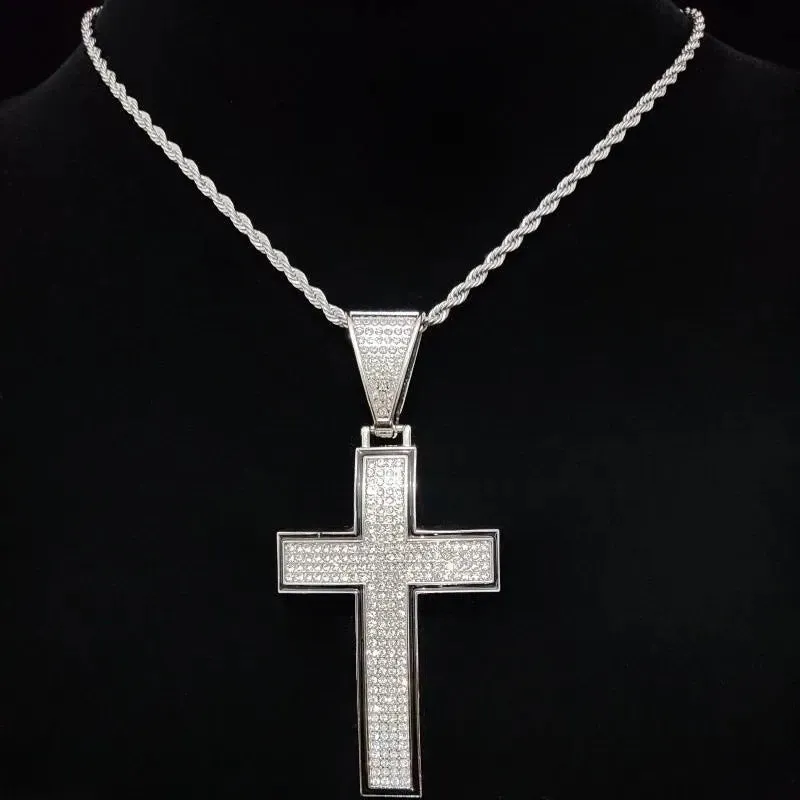 Men Women Shiny Cross Pendant Necklace With Cuban Chain
