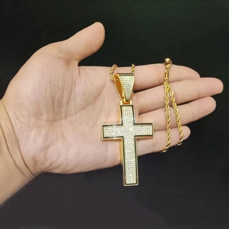 Men Women Shiny Cross Pendant Necklace With Cuban Chain