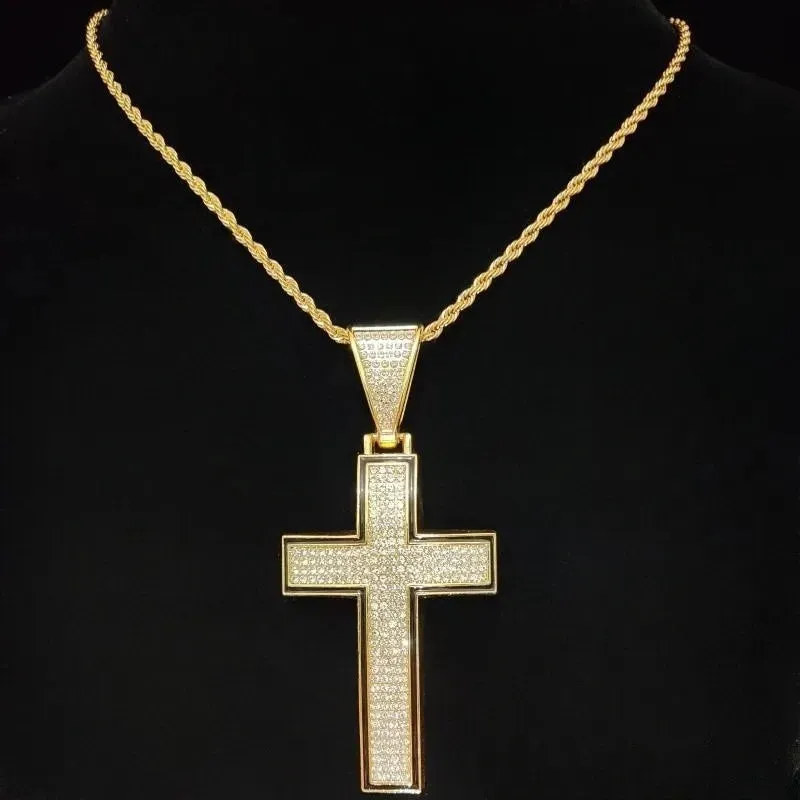 Men Women Shiny Cross Pendant Necklace With Cuban Chain