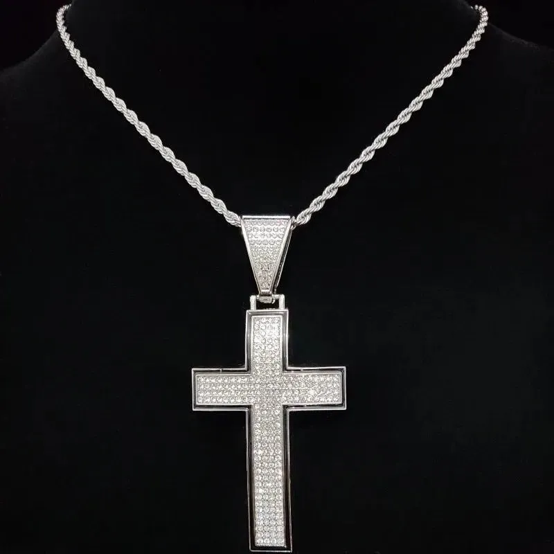 Men Women Shiny Cross Pendant Necklace With Cuban Chain