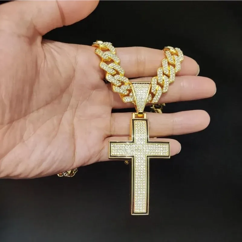 Men Women Shiny Cross Pendant Necklace With Cuban Chain