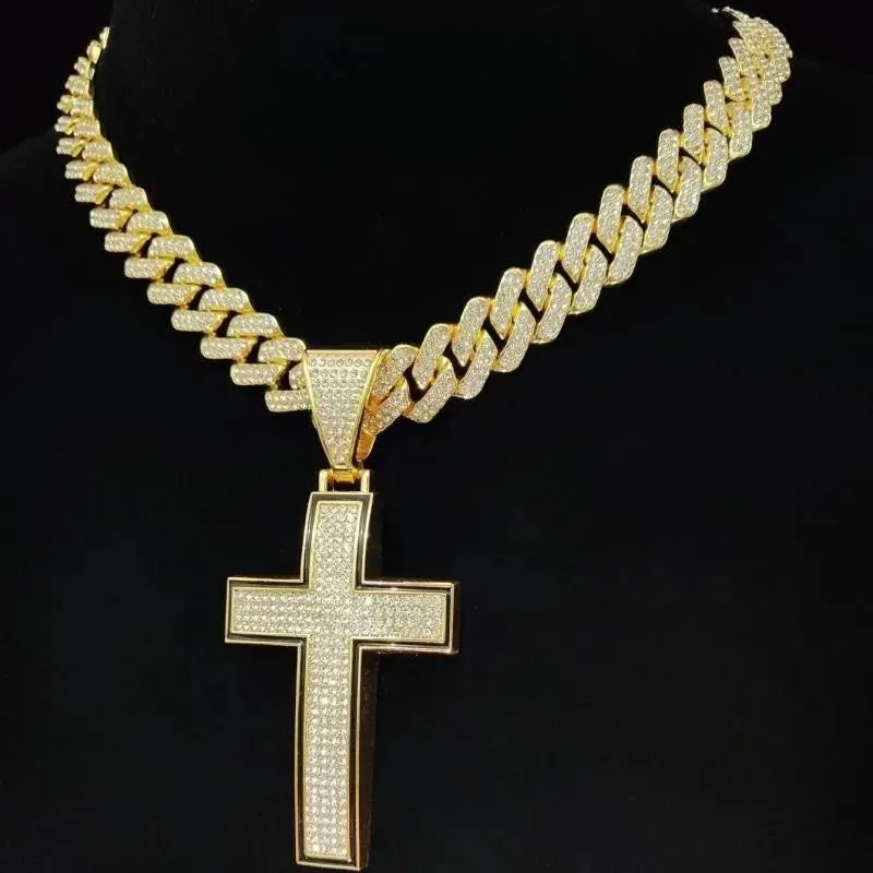 Men Women Shiny Cross Pendant Necklace With Cuban Chain