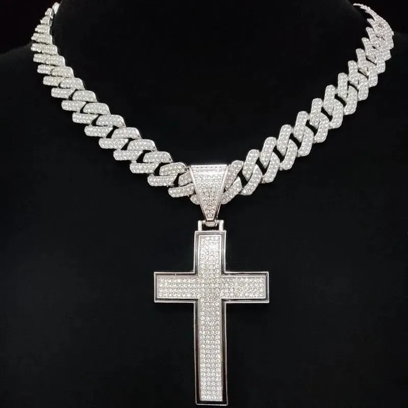 Men Women Shiny Cross Pendant Necklace With Cuban Chain