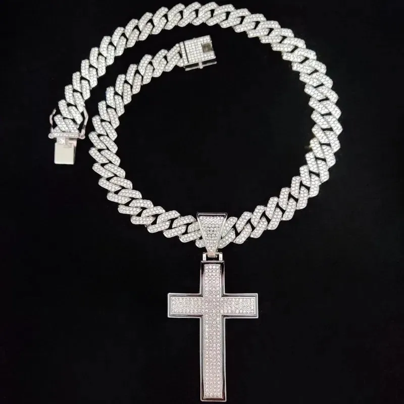 Men Women Shiny Cross Pendant Necklace With Cuban Chain
