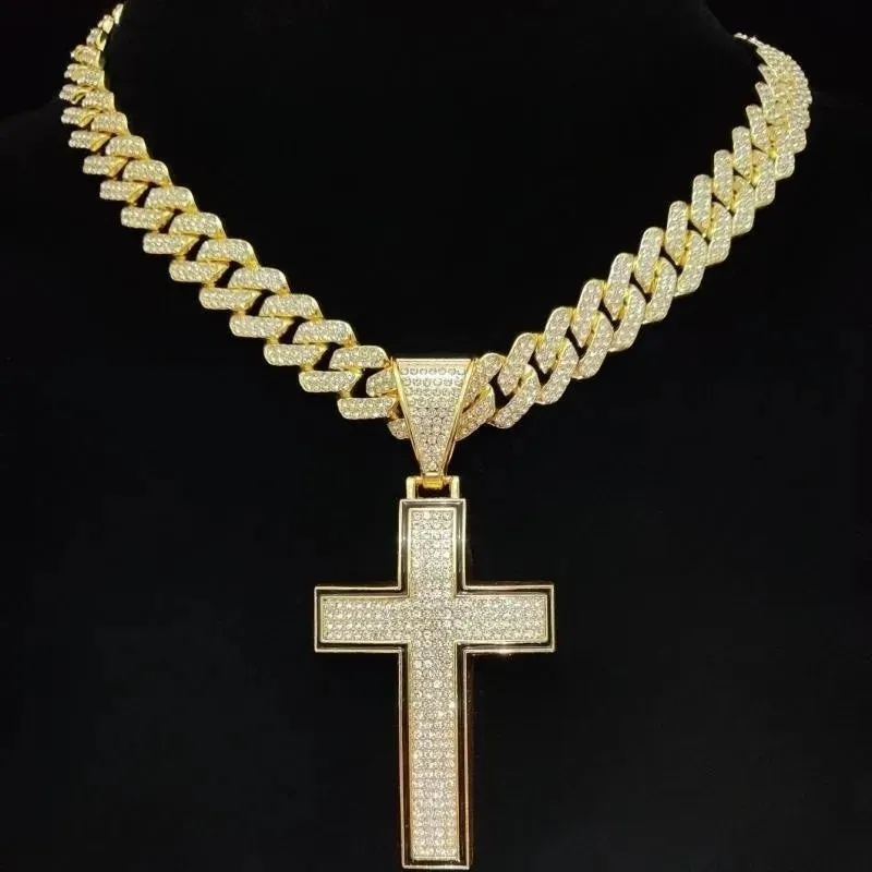 Men Women Shiny Cross Pendant Necklace With Cuban Chain