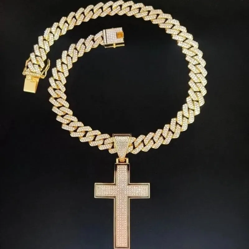 Men Women Shiny Cross Pendant Necklace With Cuban Chain