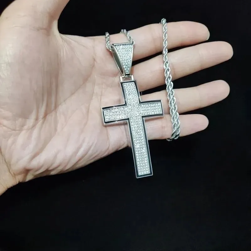 Men Women Shiny Cross Pendant Necklace With Cuban Chain