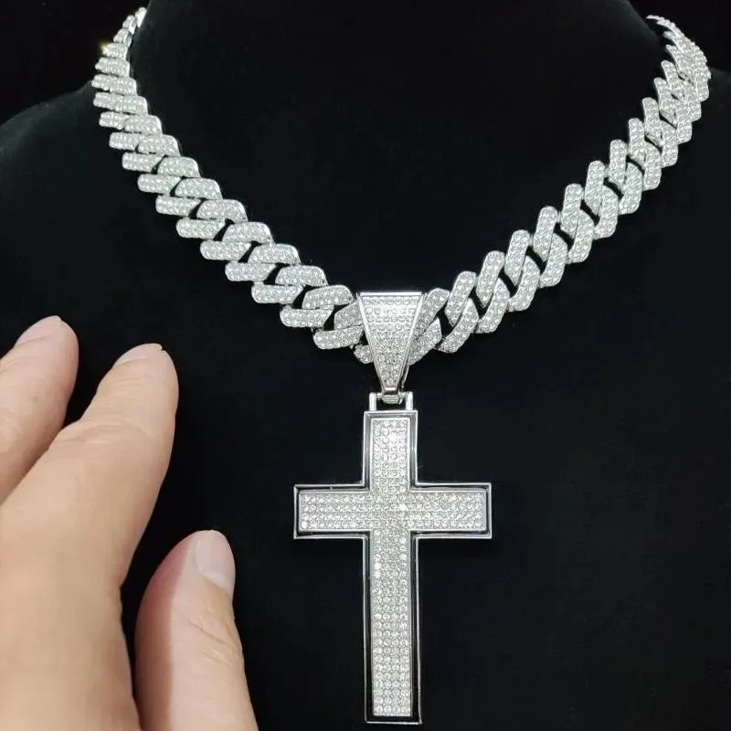 Men Women Shiny Cross Pendant Necklace With Cuban Chain