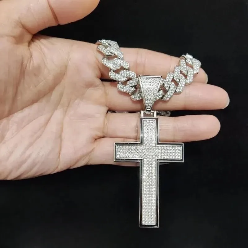 Men Women Shiny Cross Pendant Necklace With Cuban Chain