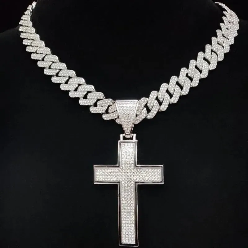 Men Women Shiny Cross Pendant Necklace With Cuban Chain