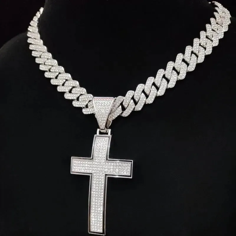 Men Women Shiny Cross Pendant Necklace With Cuban Chain