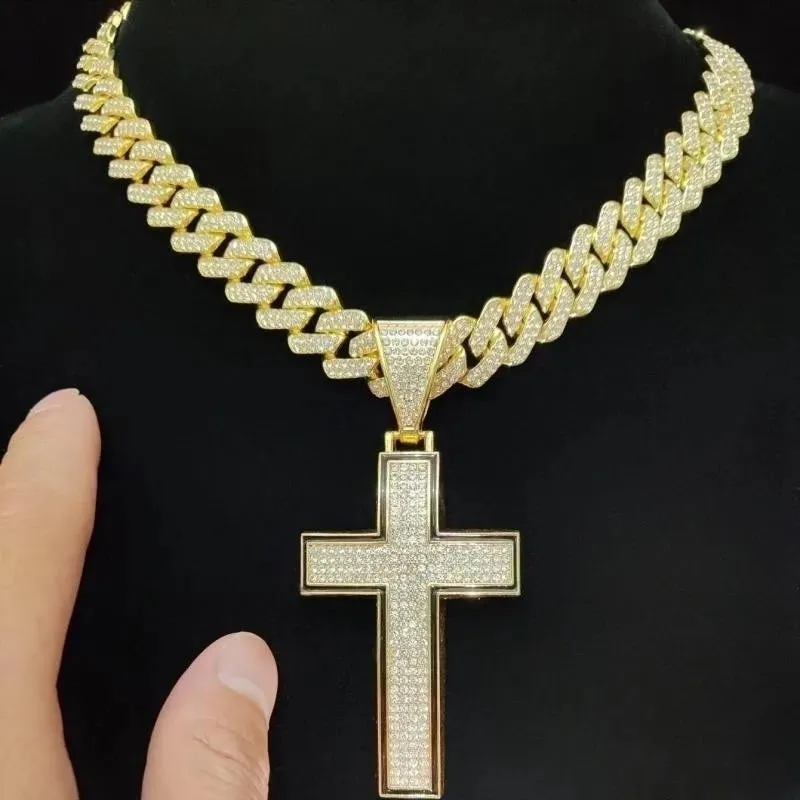 Men Women Shiny Cross Pendant Necklace With Cuban Chain