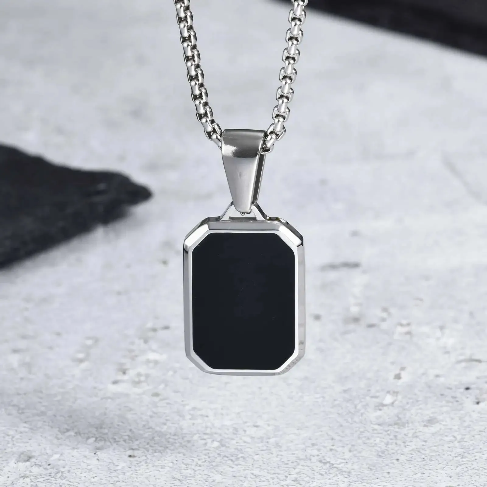 Men's Black Enamel Necklace – Waterproof Stainless Steel Square Pendant