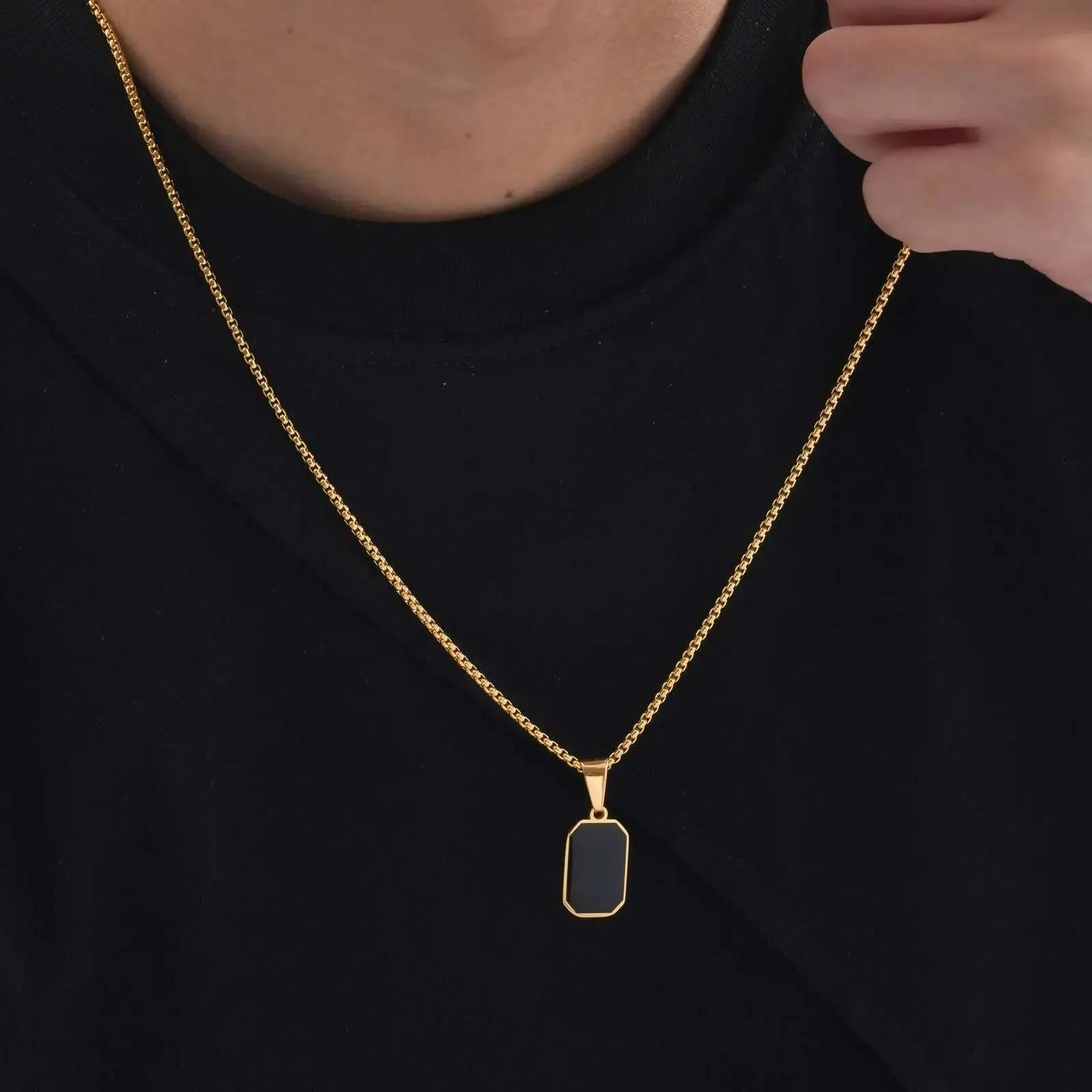 Men's Black Enamel Necklace – Waterproof Stainless Steel Square Pendant