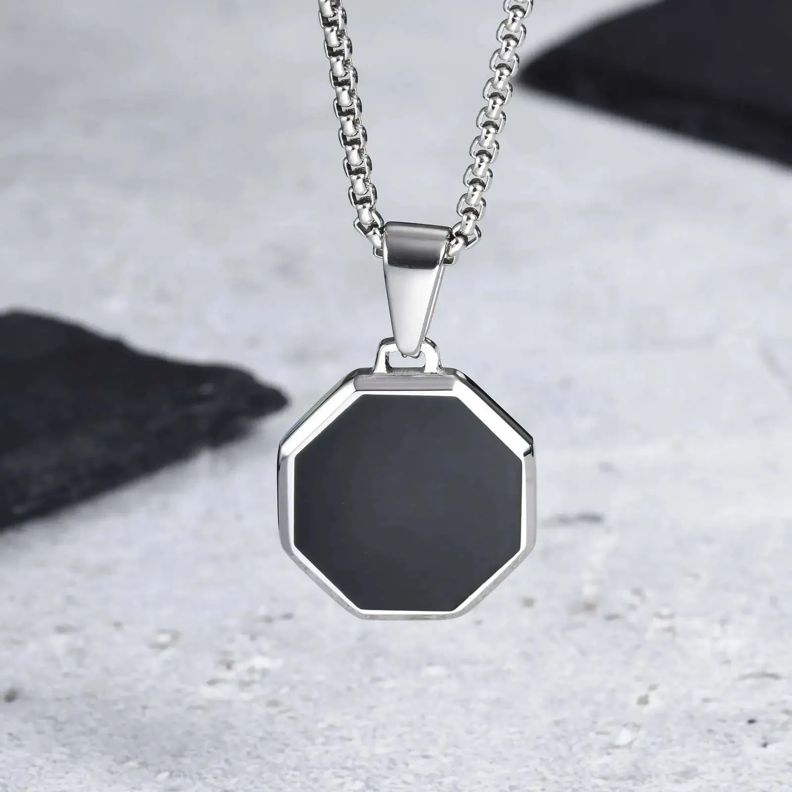 Men's Black Enamel Necklace – Waterproof Stainless Steel Square Pendant