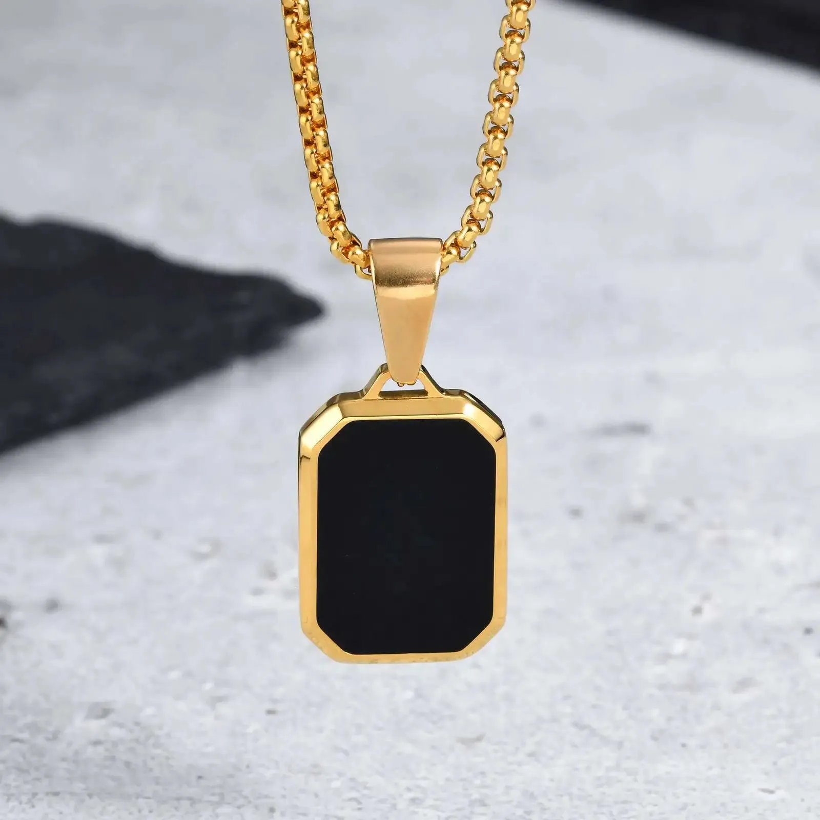 Men's Black Enamel Necklace – Waterproof Stainless Steel Square Pendant