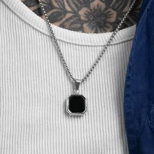 Men's Black Enamel Necklace – Waterproof Stainless Steel Square Pendant