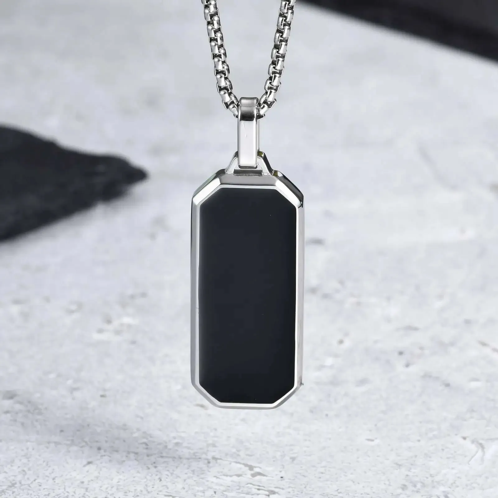 Men's Black Enamel Necklace – Waterproof Stainless Steel Square Pendant