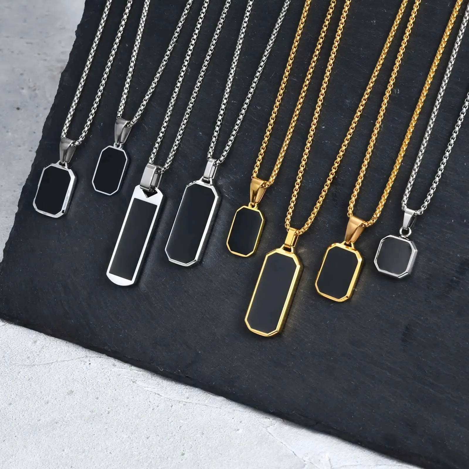 Men's Black Enamel Necklace – Waterproof Stainless Steel Square Pendant