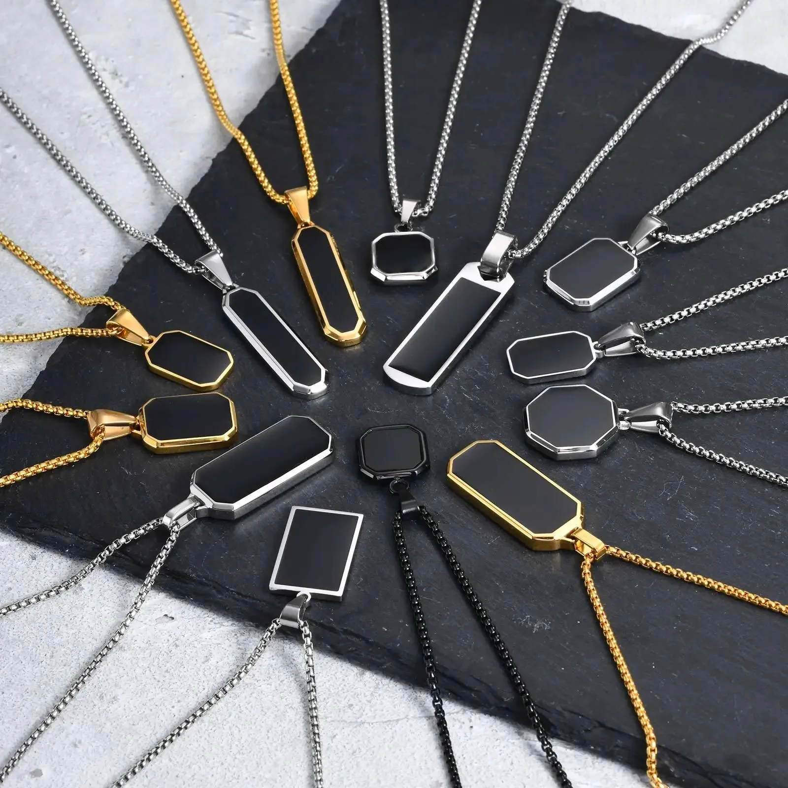 Men's Black Enamel Necklace – Waterproof Stainless Steel Square Pendant