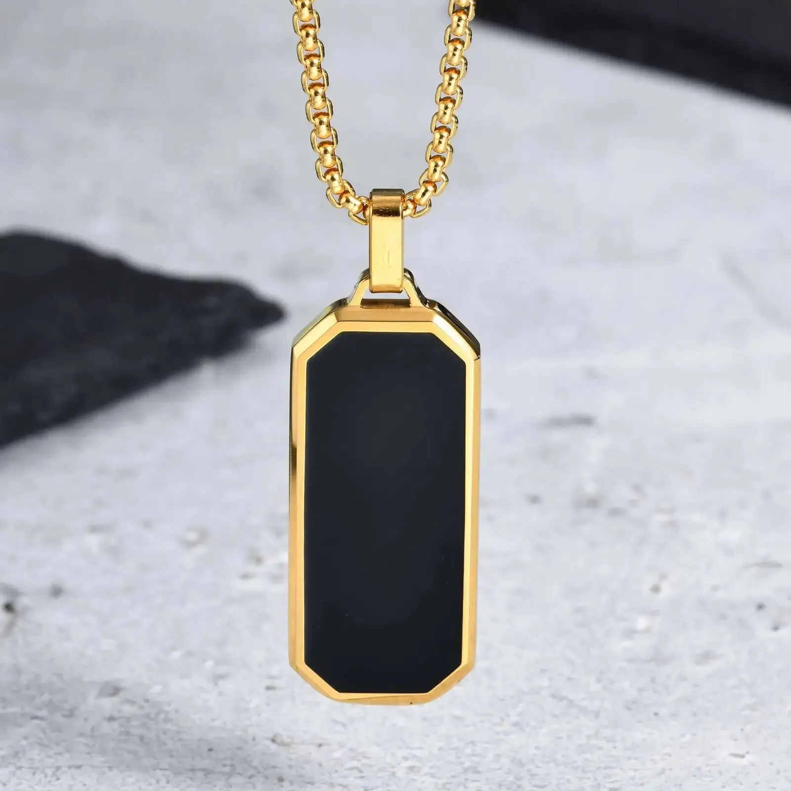 Men's Black Enamel Necklace – Waterproof Stainless Steel Square Pendant