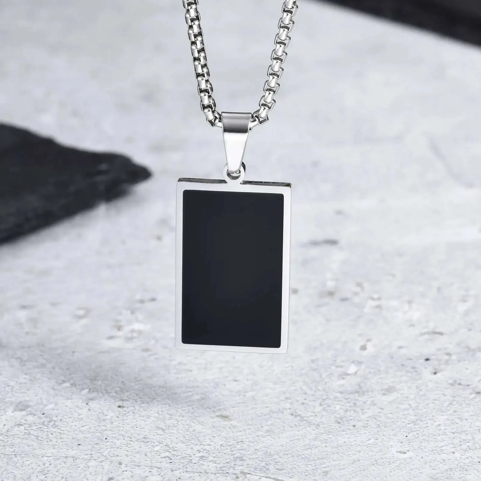 Men's Black Enamel Necklace – Waterproof Stainless Steel Square Pendant