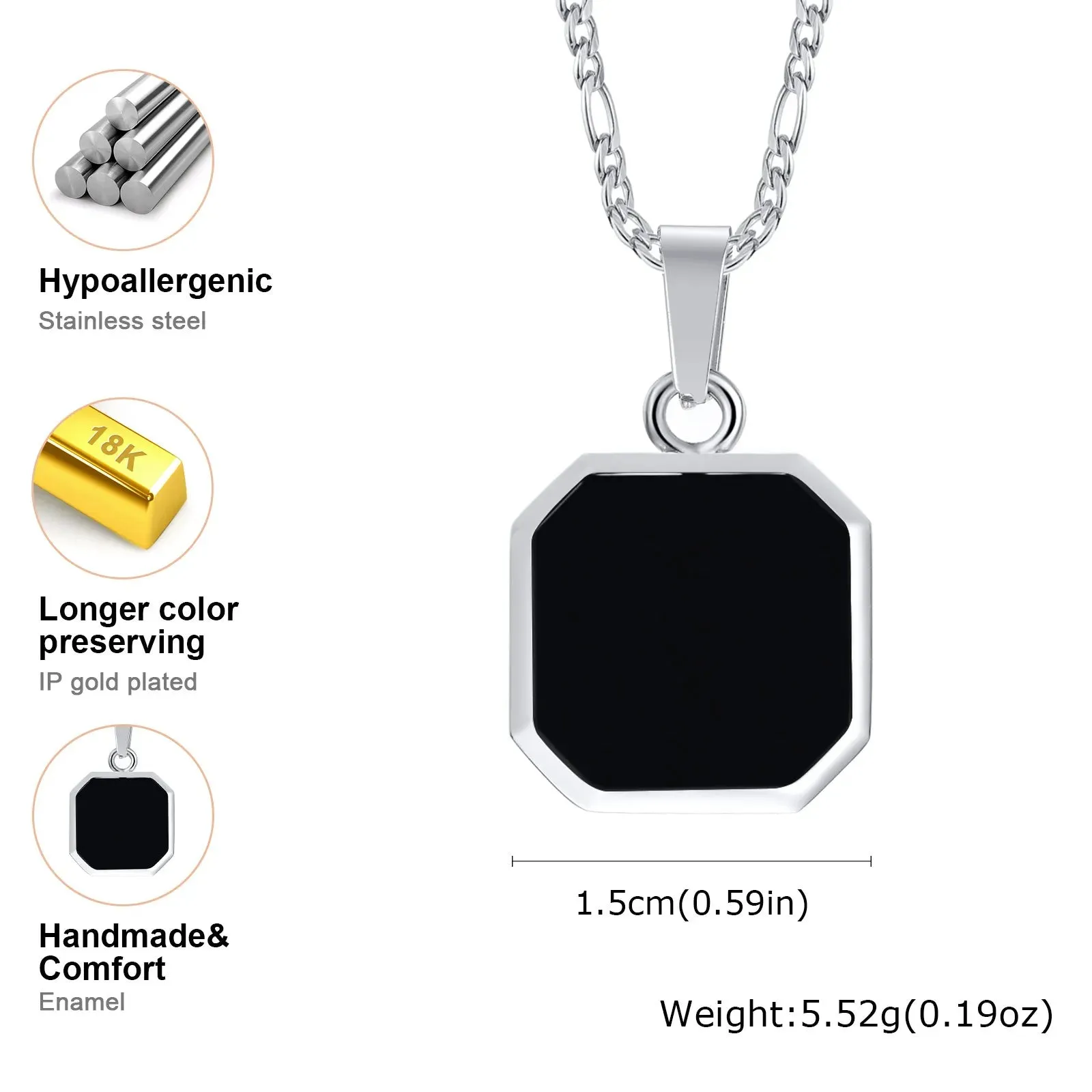 Men's Black Enamel Necklace – Waterproof Stainless Steel Square Pendant